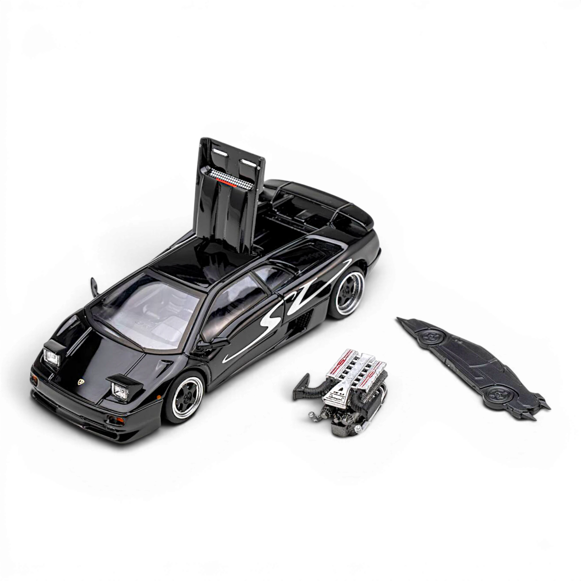 Microturbo Lamborghini Diablo SV diecast car in metallic black by Lot57Supplies Diecast Shop with engine detail.