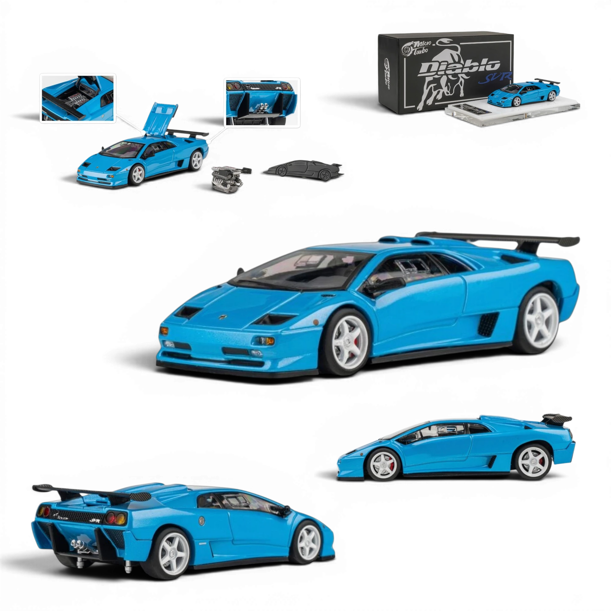 Lot57Supplies Diecast Shop MicroTurbo metallic blue Lamborghini Diablo SVR 1:64 scale diecast model car with engine