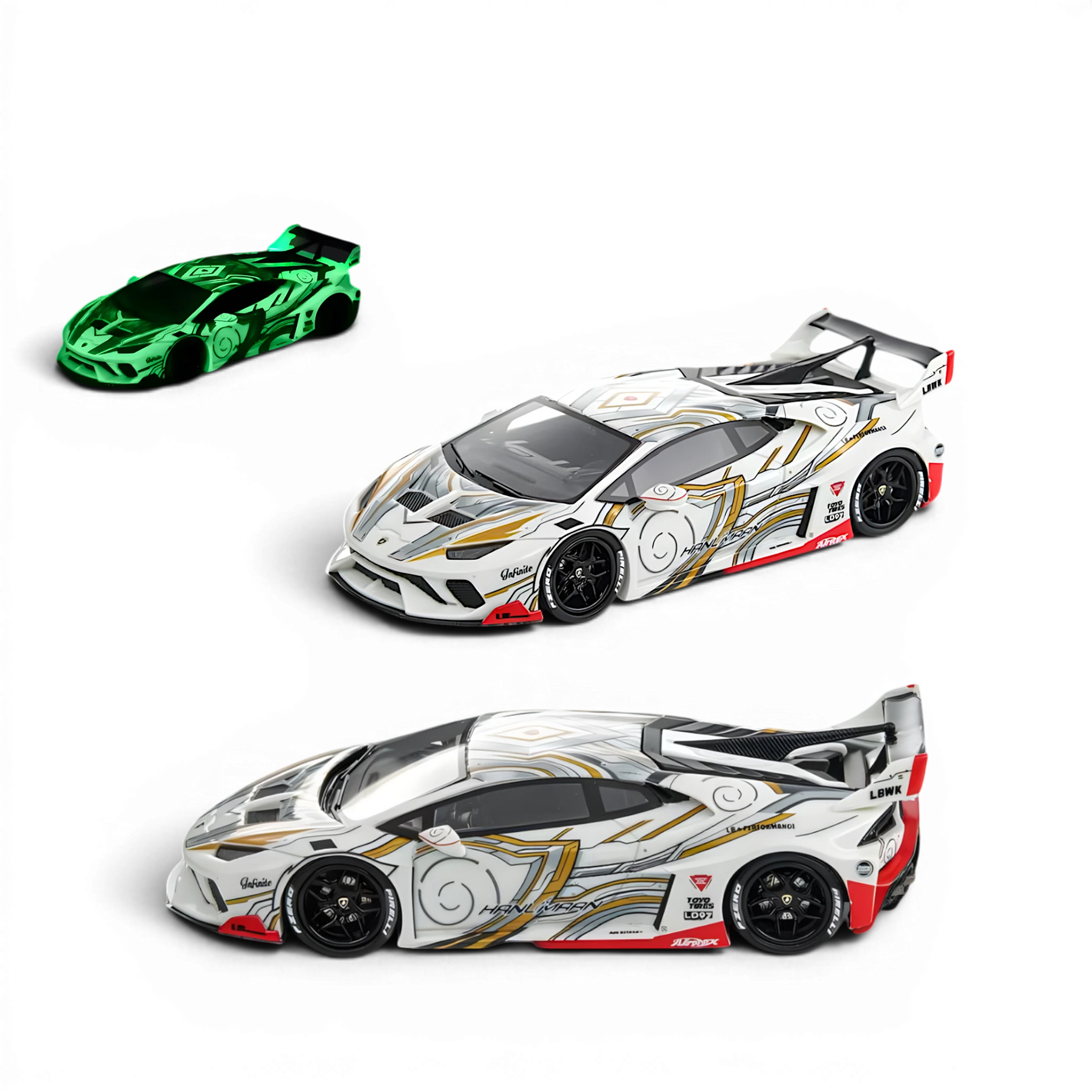 Lot57Supplies Diecast Shop Flame 1:64 scale Lamborghini Huracan GT resin model car with white, gray, and glow-in-dark paint.