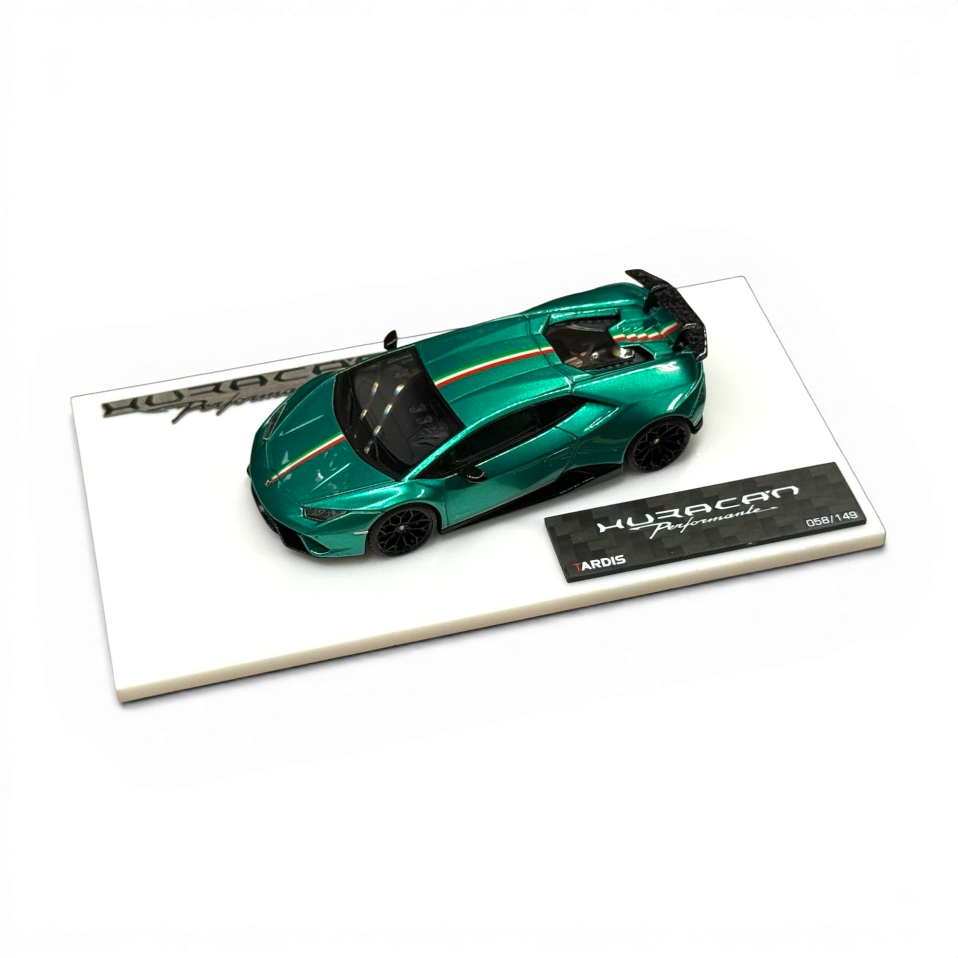 Lot57Supplies Diecast Shop TARDIS x XQ 1:64 scale Lamborghini Huracan Performante in metallic green with Italian stripe