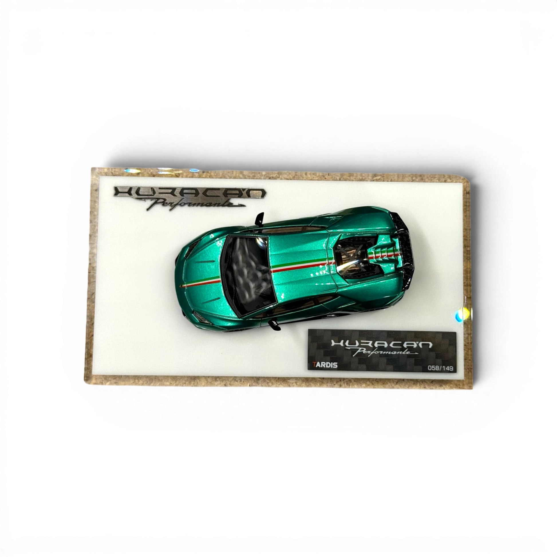 Lot57Supplies Diecast Shop TARDIS x XQ 1:64 scale metallic green Lamborghini Huracan Performante with Italian stripes