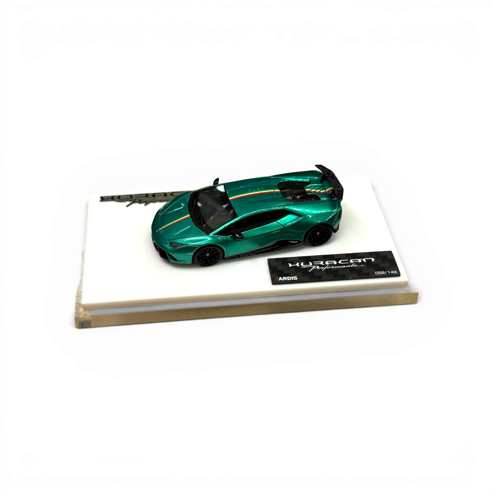 Lot57Supplies Diecast Shop TARDIS x XQ Lamborghini Huracan Performante 1:64 scale model in metallic green with Italian stripe