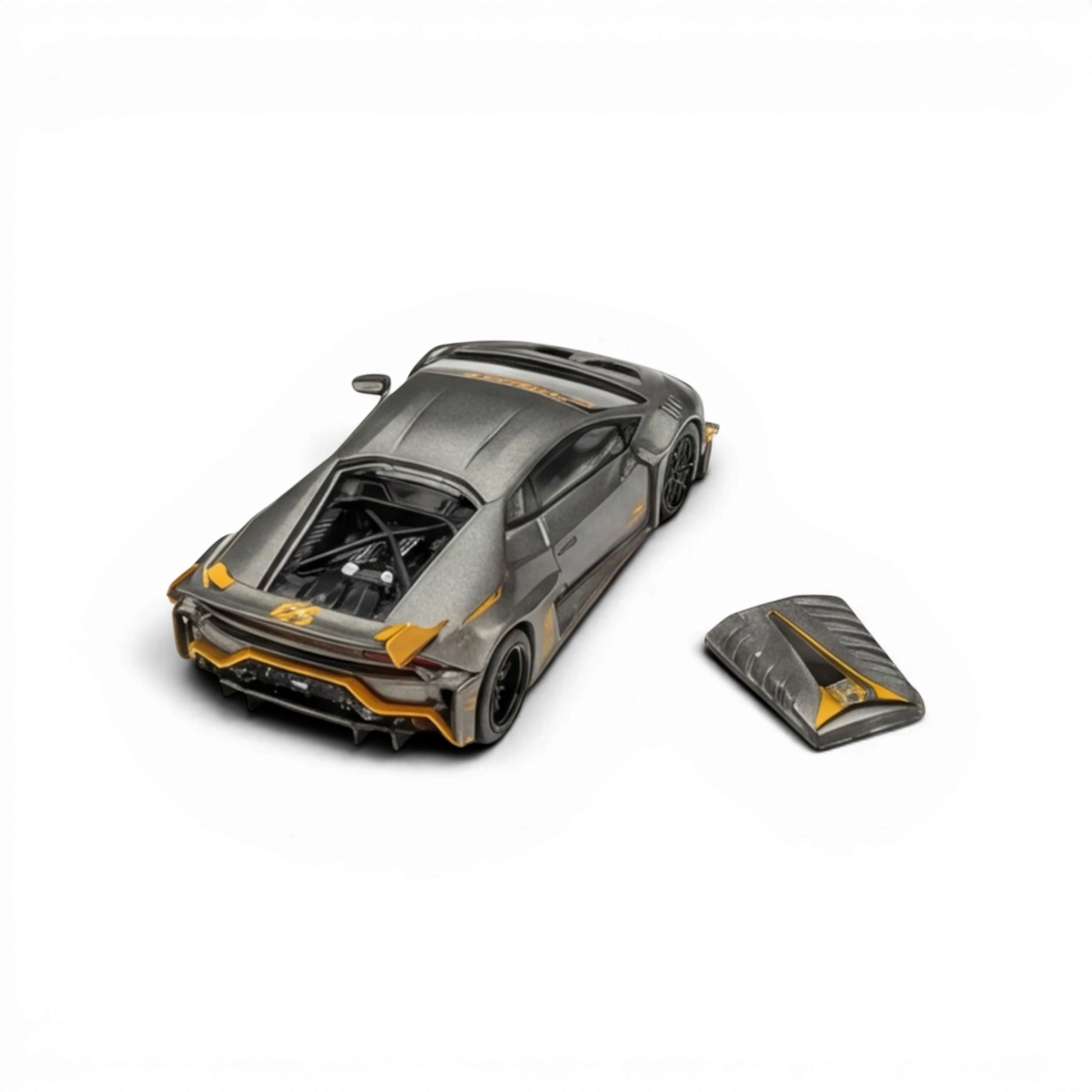 Lot57Supplies Diecast Shop 1:64 King Model LB-Works Lamborghini Huracan GT EVO in grey with gold accents and engine view