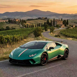 Lot57Supplies Diecast Shop TARDIS x XQ Lamborghini Huracan Performante, 1:64 scale, metallic green resin model with Italian stripe.