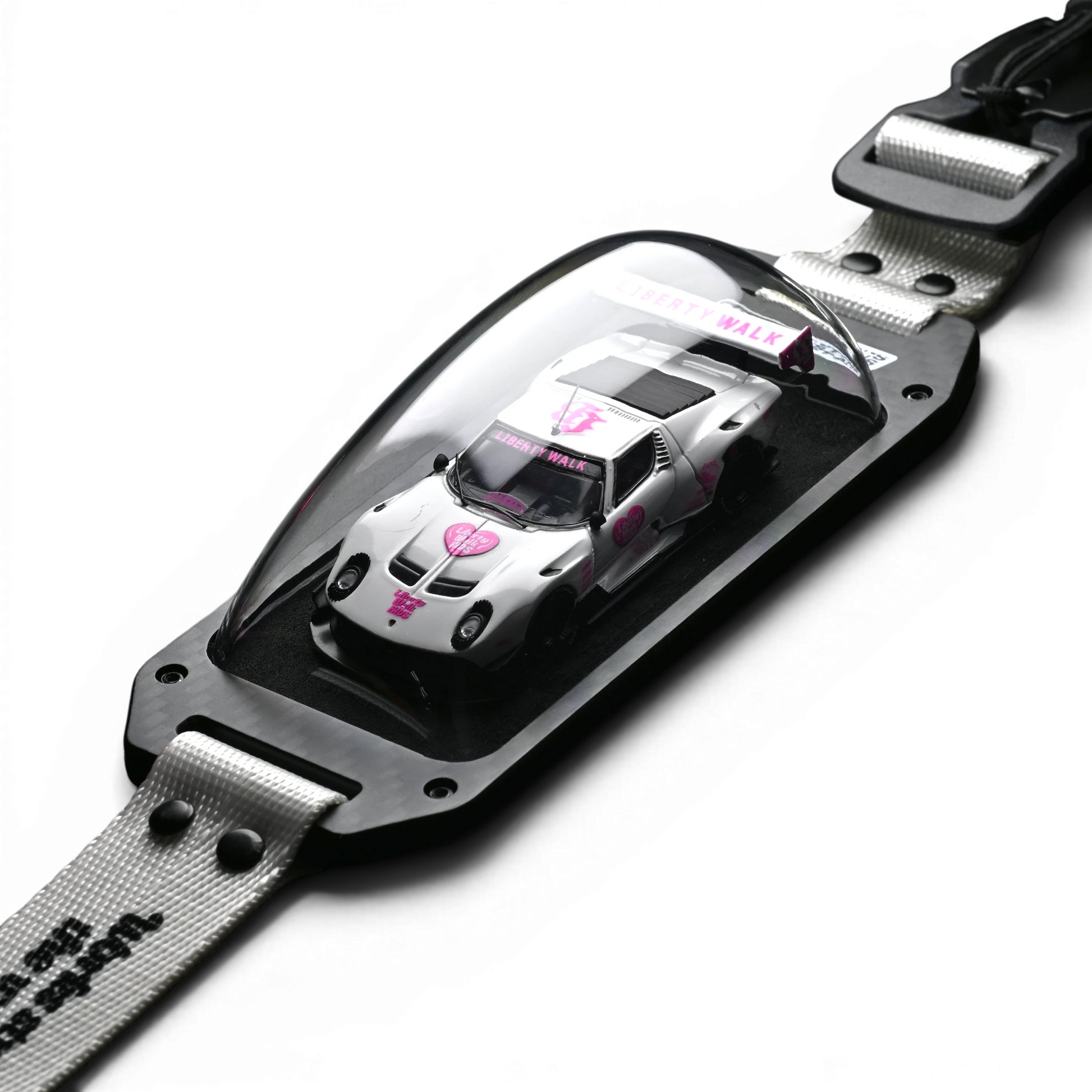 Lot57Supplies Diecast Shop 1:64 scale white Liberty Walk Lamborghini Miura GT diecast car in a carbon-fiber keychain