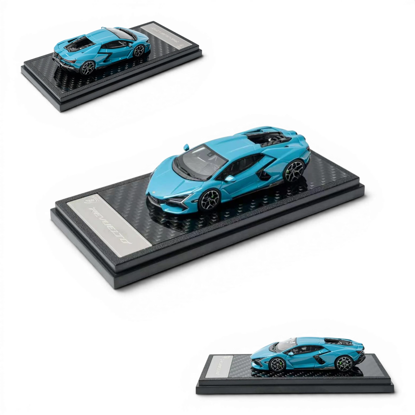 Lot57Supplies Diecast Shop 1:64 scale diecast Lamborghini Revuelto in Blu Cepheus on a carbon fiber display base.