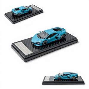 Lot57Supplies Diecast Shop 1:64 scale diecast Lamborghini Revuelto in Blu Cepheus on a carbon fiber display base.