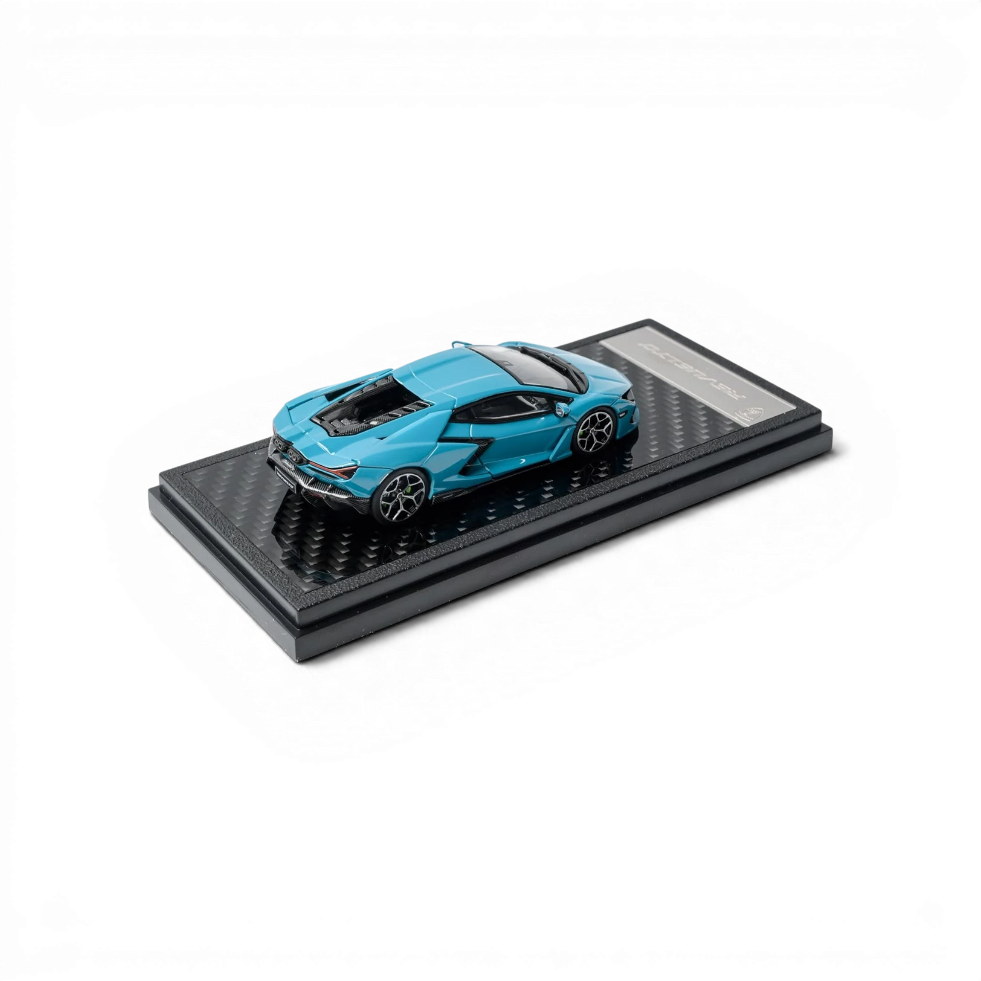 Lot57Supplies Diecast Shop 1:64 scale diecast Lamborghini Revuelto in Blu Cepheus on a carbon fiber display base