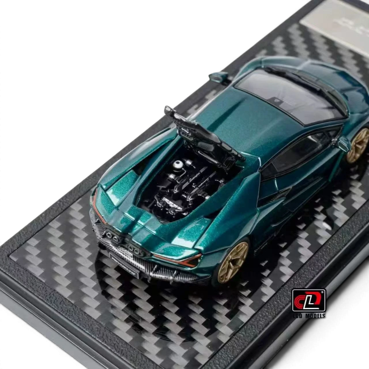 Lot57Supplies Diecast Shop 1:64 scale metallic green Lamborghini Revuelto diecast model with open engine bay