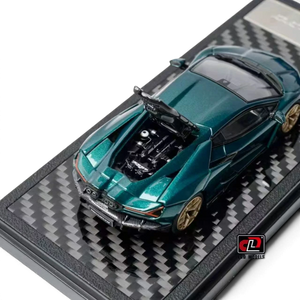 Lot57Supplies Diecast Shop 1:64 scale metallic green Lamborghini Revuelto diecast model with open engine bay