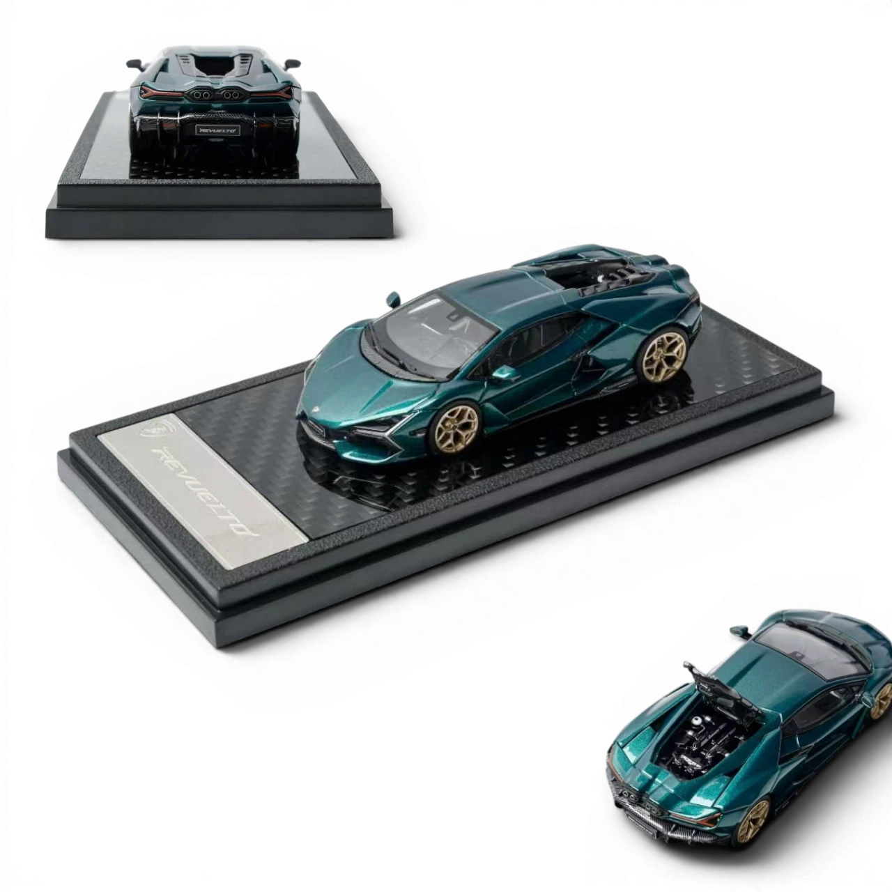 Lot57Supplies Diecast Shop 1:64 scale metallic green Lamborghini Revuelto diecast model car on a display base