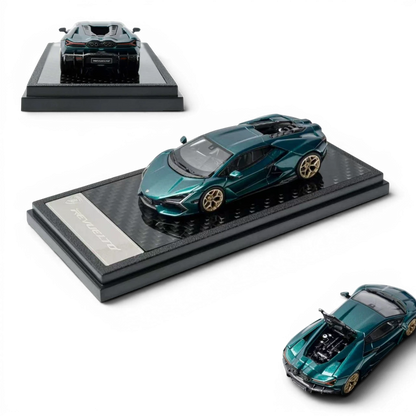 Lot57Supplies Diecast Shop 1:64 scale metallic green Lamborghini Revuelto diecast model car on a display base