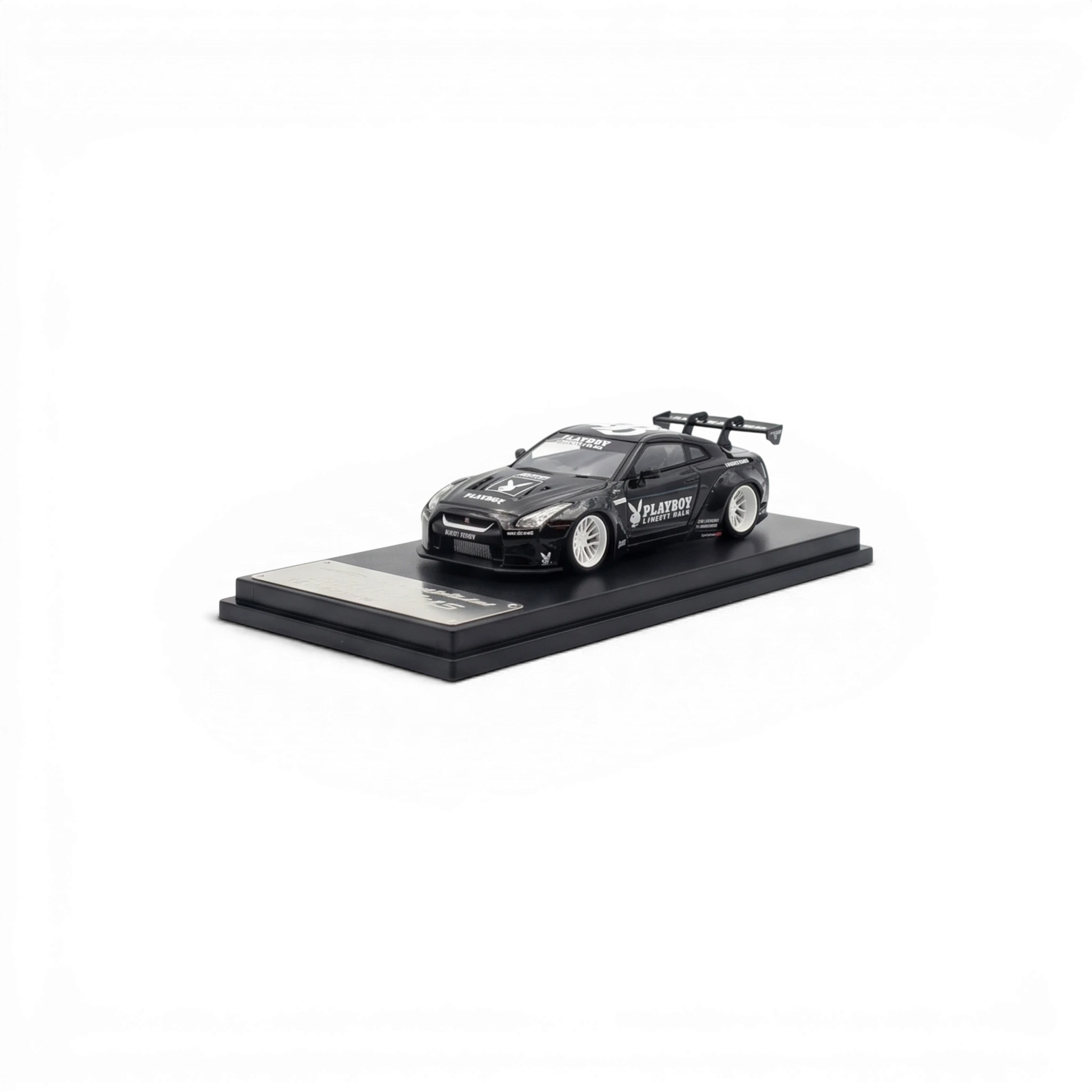 Lot57Supplies Diecast Shop 1:64 scale MC LB GTR 1.5 diecast car in glossy black with white PLAYBOY livery on display