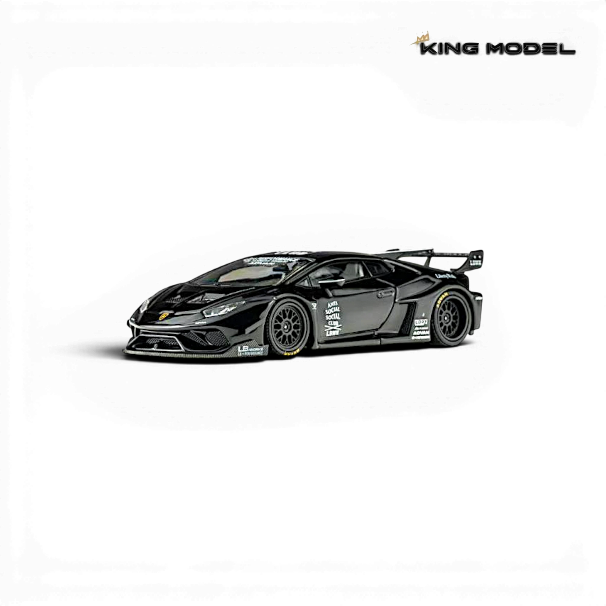 Lot57Supplies Diecast Shop King Model 1:64 scale black LB-Works Lamborghini Huracan GT EVO with white racing decals.
