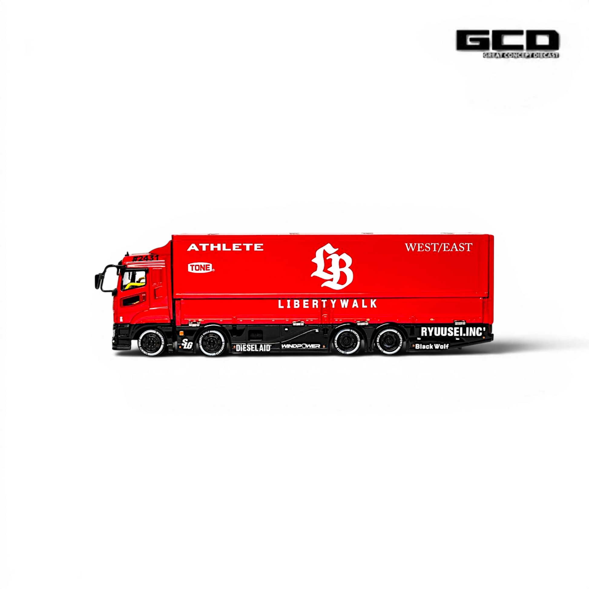 Lot57Supplies Diecast Shop 1:64 scale GCD LBWK Super Silhouette Mitsubishi Fuso diecast truck in red and black.