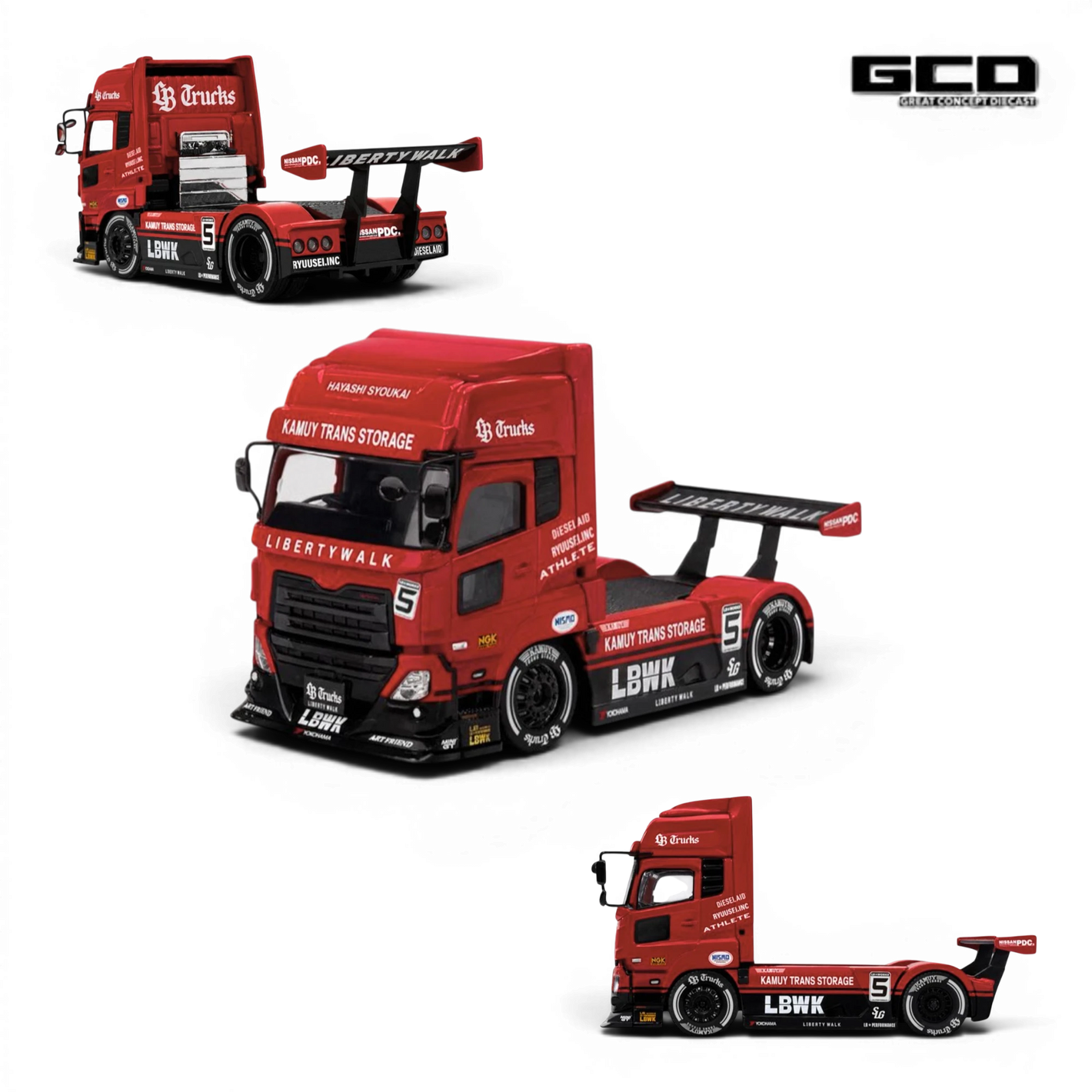 Lot57Supplies Diecast Shop 1:64 scale GCD LBWK Super Silhouette UD heavy-duty tractor in red and black diecast metal.