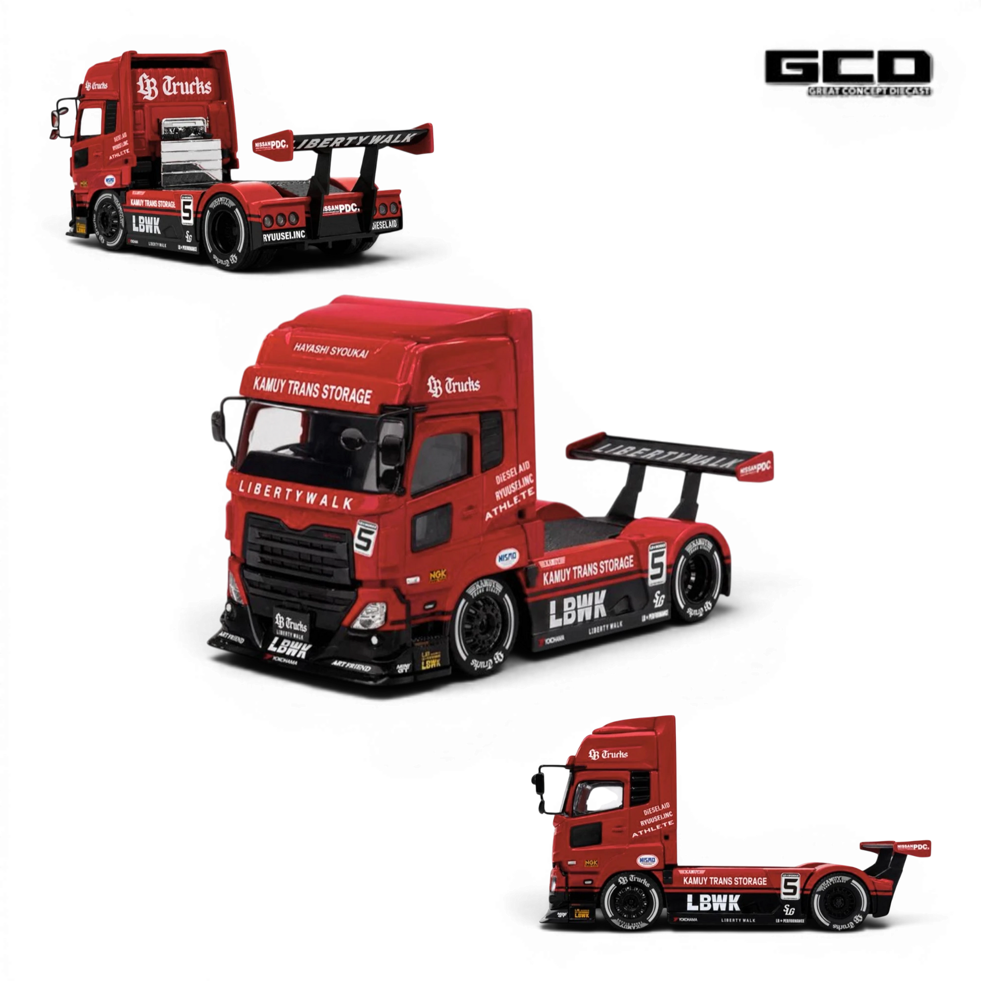 Lot57Supplies Diecast Shop 1:64 scale GCD LBWK Super Silhouette UD heavy-duty tractor in red and black diecast metal.