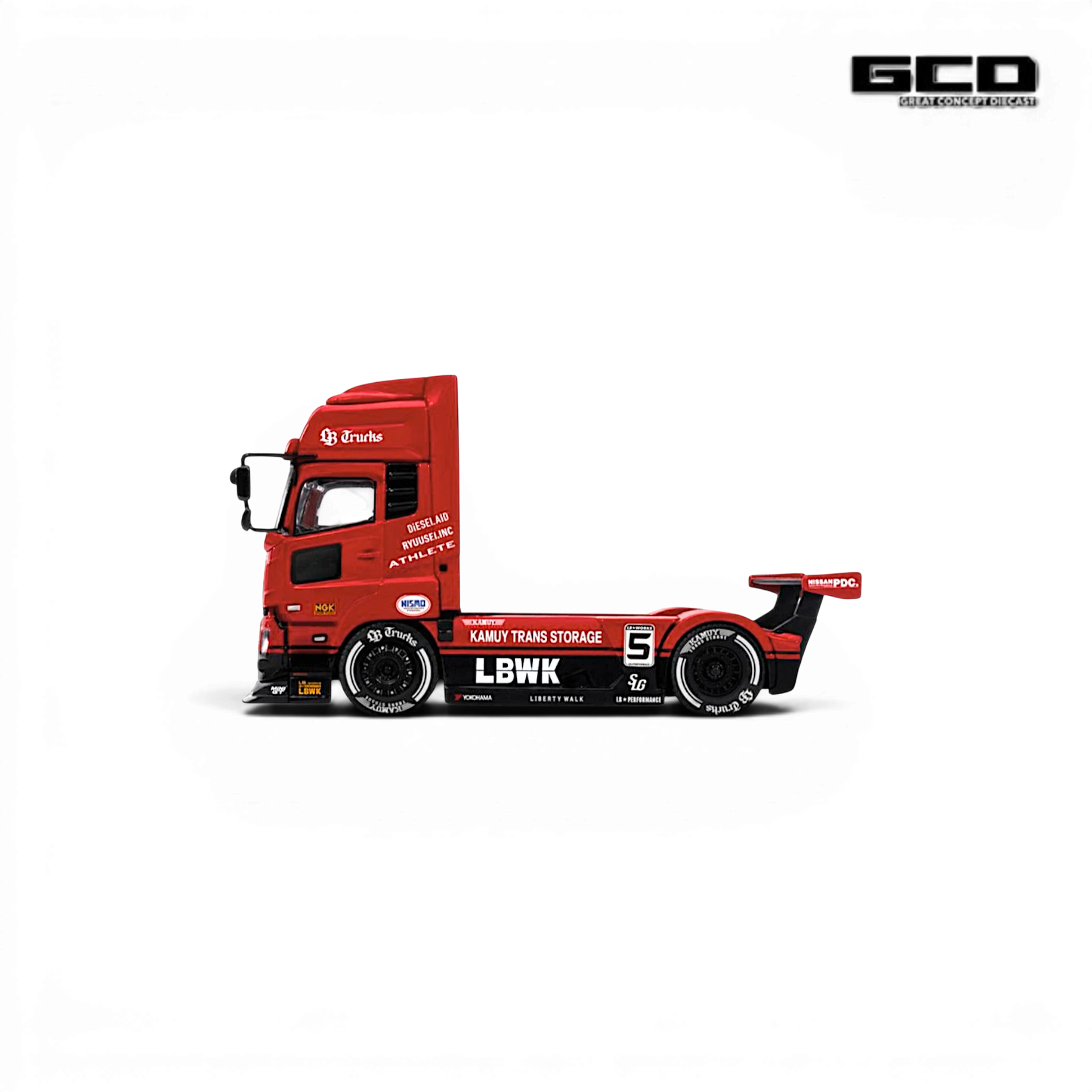 Lot57Supplies Diecast Shop 1:64 scale red and black GCD LBWK Super Silhouette UD heavy-duty tractor diecast model.