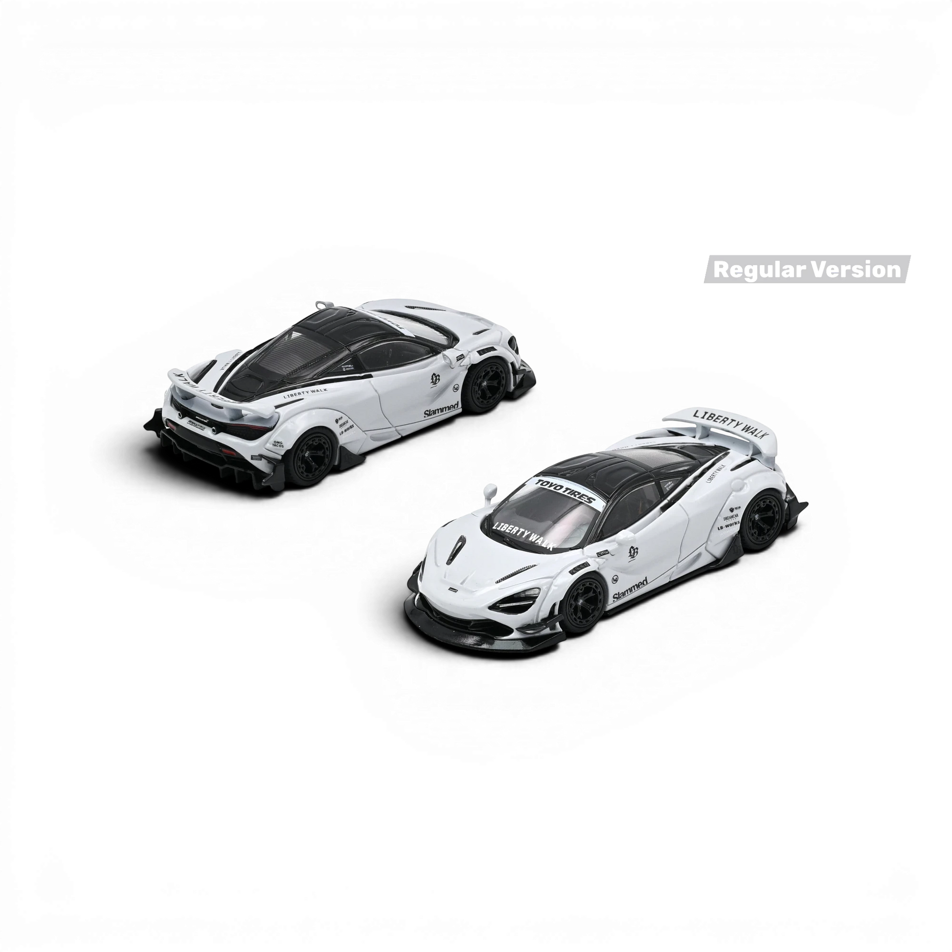Lot57Supplies Diecast Shop 1:64 scale Inno64 Liberty Walk McLaren 720S diecast model car in white with racing decals.
