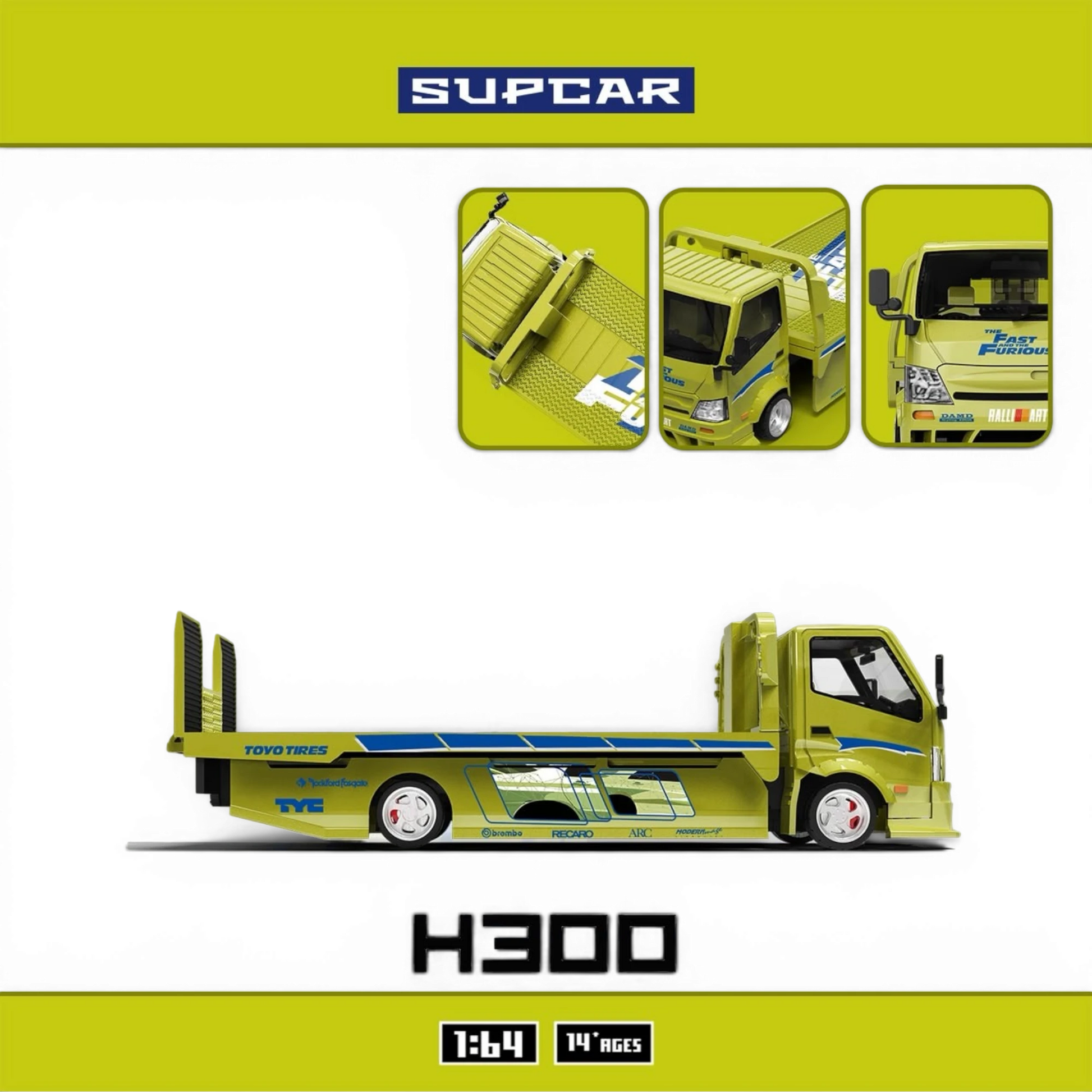 Lot57Supplies Diecast Shop SC H300 Fast and Furious lime yellow 1:64 scale diecast flatbed transport trailer model