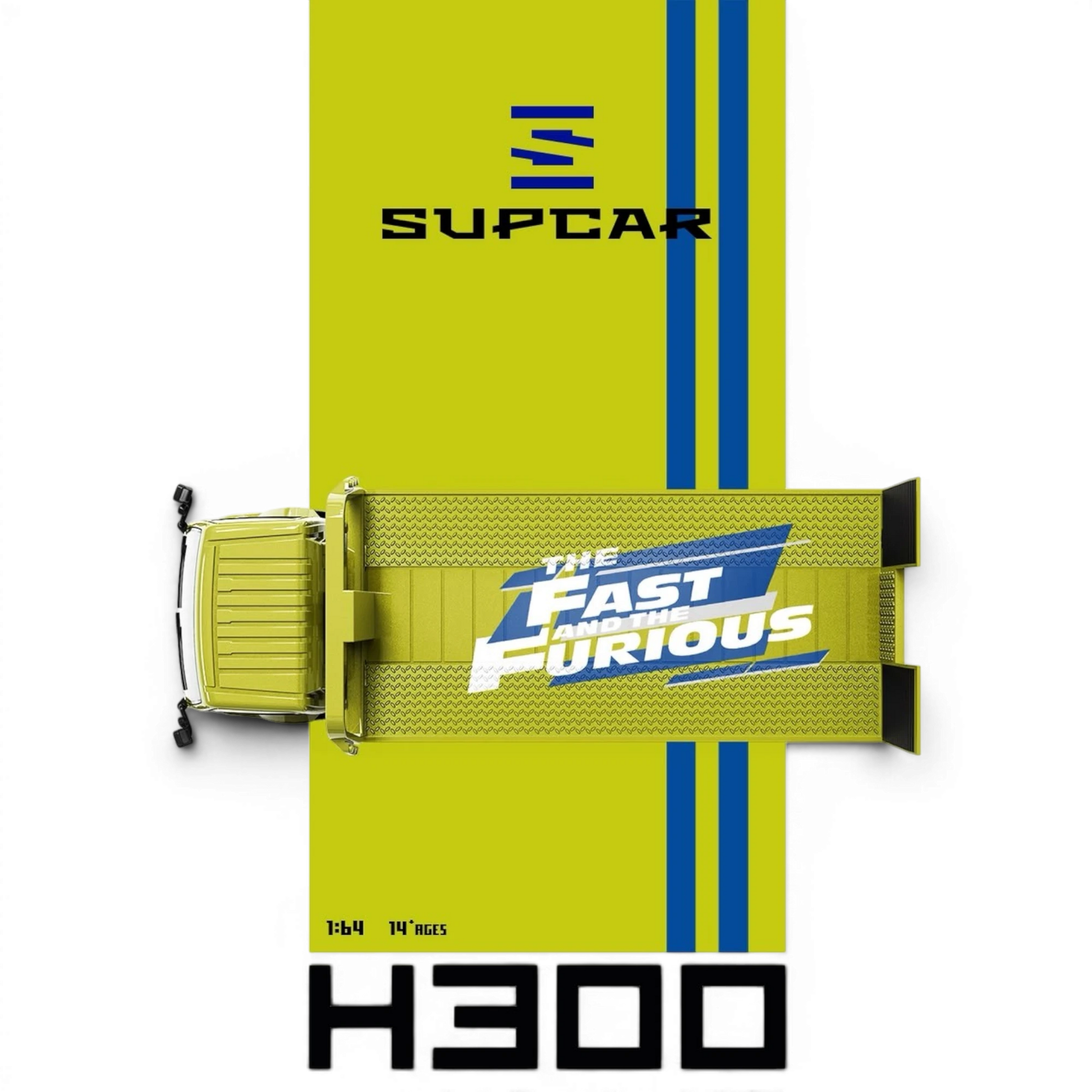 Lot57Supplies Diecast Shop SC H300 lime yellow Fast and Furious 1:64 scale diecast flatbed transport trailer top view