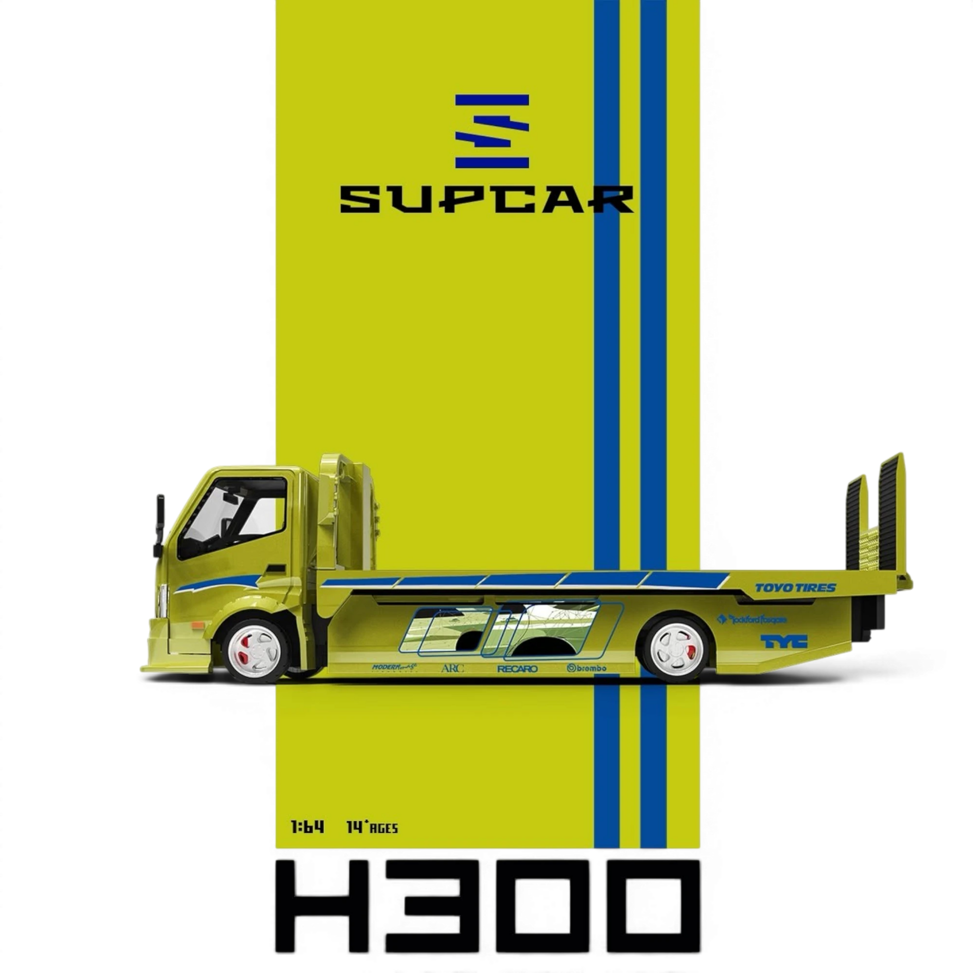 Lot57Supplies Diecast Shop SC H300 1:64 scale lime yellow flatbed transport trailer with blue racing stripes.