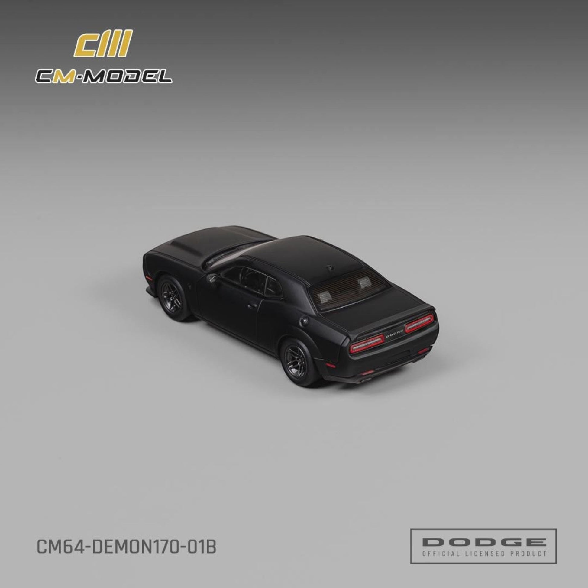 Lot57Supplies Diecast Shop CM Model 1:64 scale matte black Dodge Demon 170 diecast car model, rear three-quarter view.
