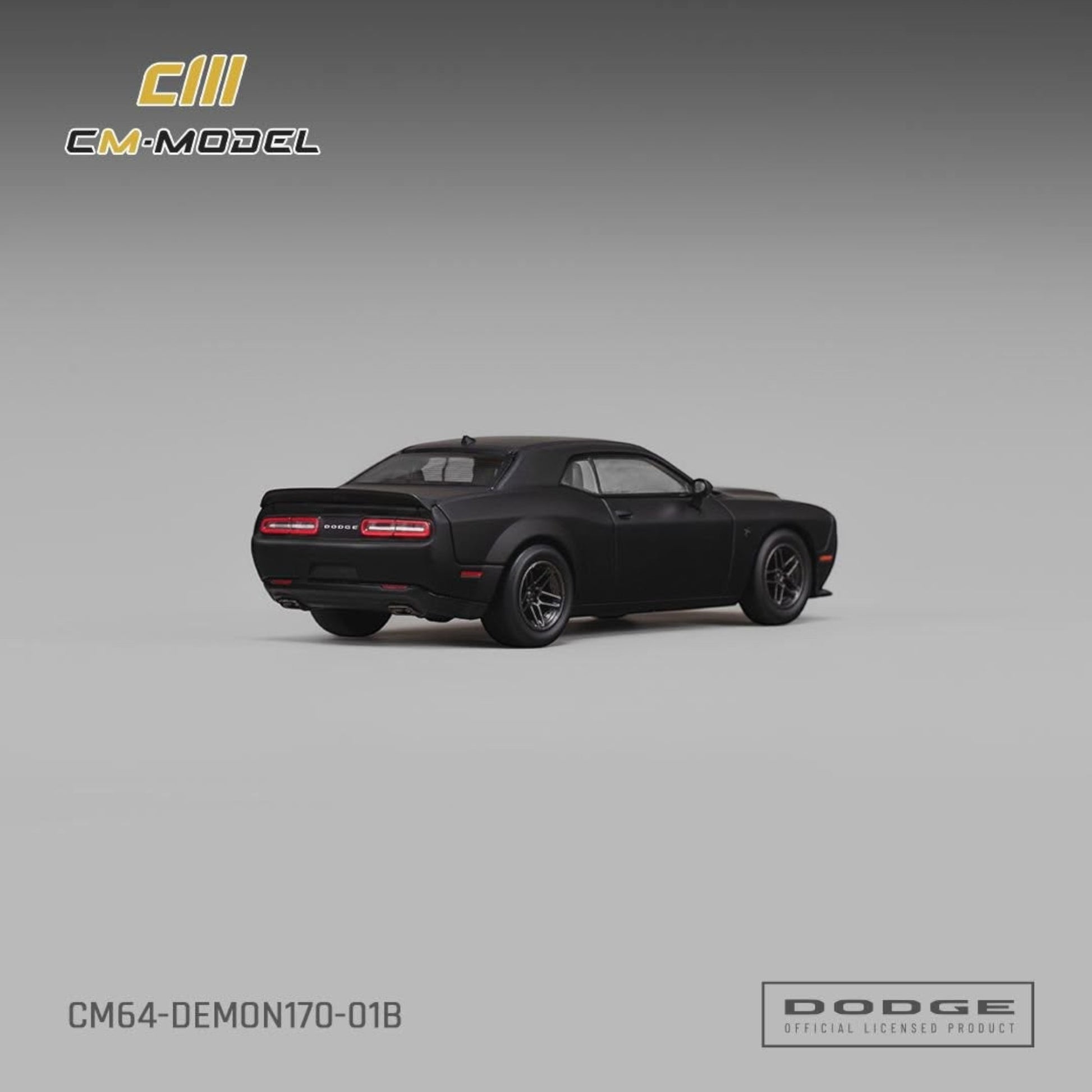 Lot57Supplies Diecast Shop CM Model 1:64 scale matte black Dodge Demon 170 diecast car, rear three-quarter view.