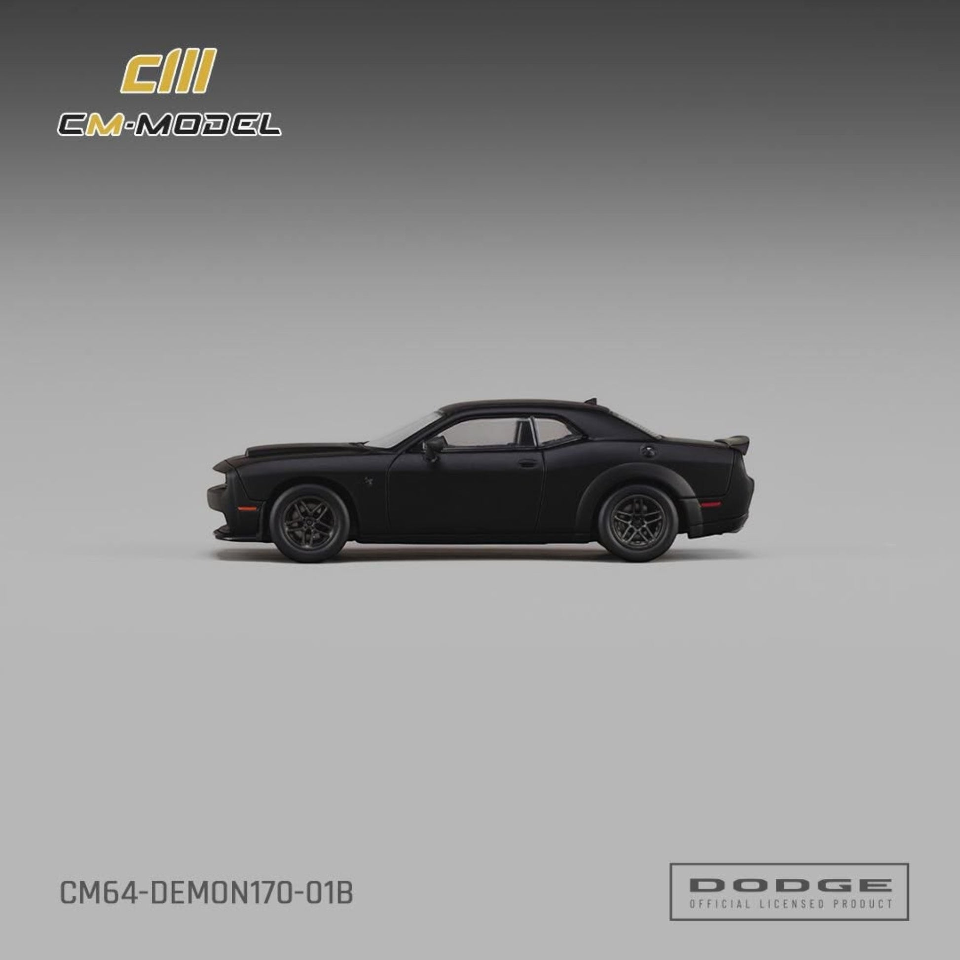 Lot57Supplies Diecast Shop CM Model 1:64 scale matte black Dodge Demon 170 diecast car in side profile view