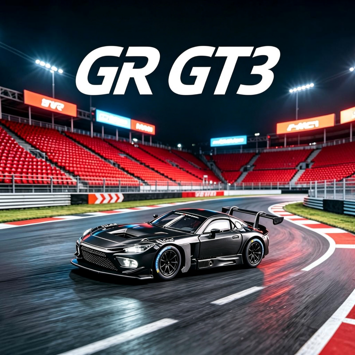 Lot57Supplies Diecast Shop 1:64 scale matte black Toyota GR GT3 diecast model car on a race track