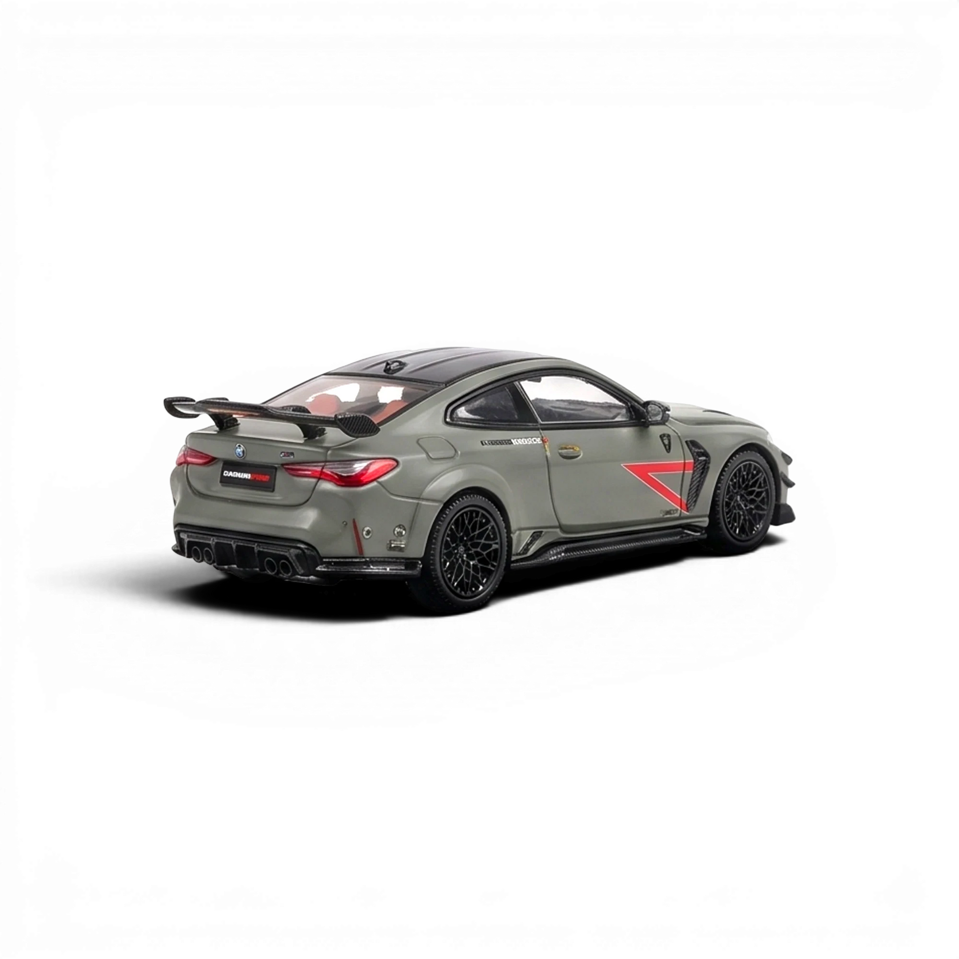 Lot57Supplies Diecast Shop King Model DarwinPRO BMW M4 in matte green with carbon fiber accents and rear spoiler