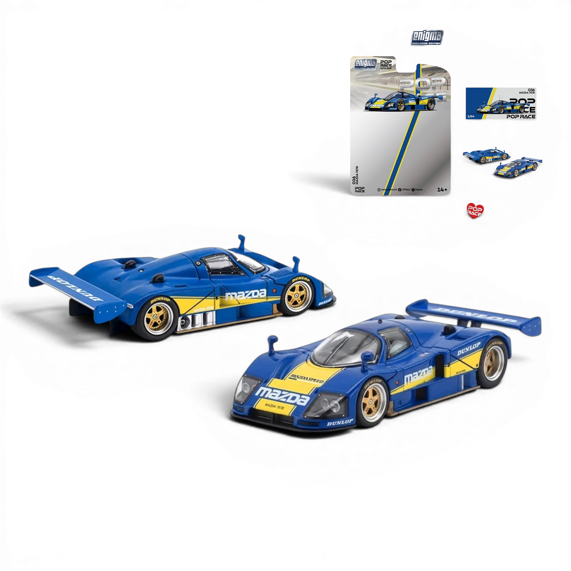 Lot57Supplies Diecast Shop Pop Race 1:64 scale Mazda 787B diecast model car in blue and yellow racing livery.