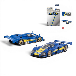 Lot57Supplies Diecast Shop Pop Race 1:64 scale Mazda 787B diecast model car in blue and yellow racing livery.