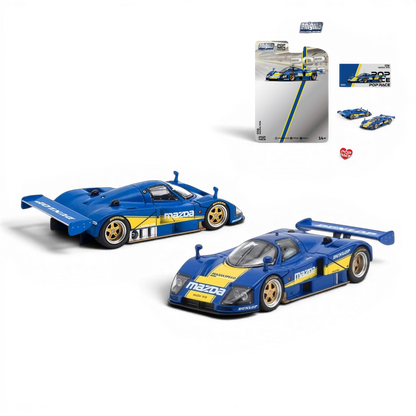Lot57Supplies Diecast Shop Pop Race 1:64 scale Mazda 787B diecast model car in blue and yellow racing livery.