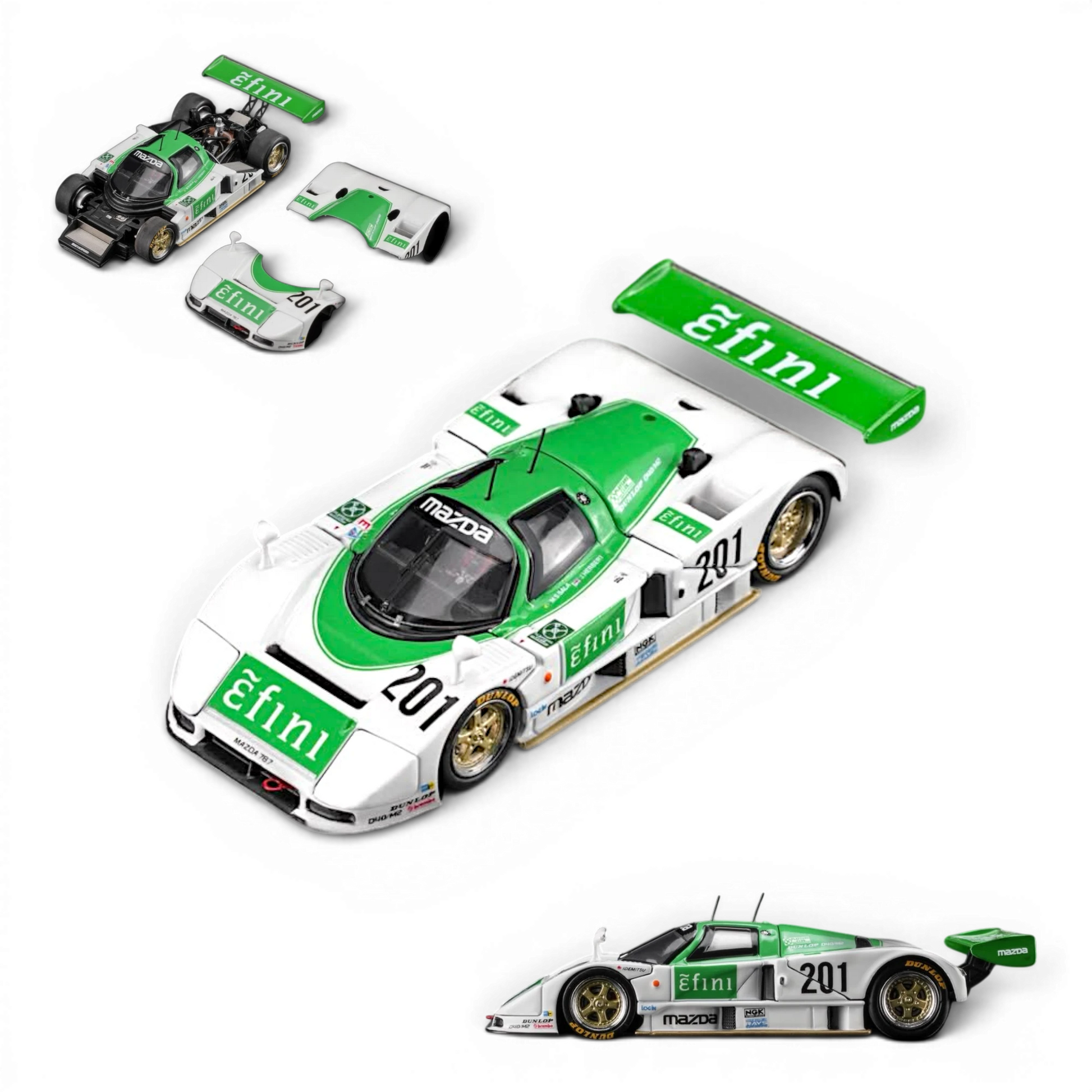 Lot57Supplies Diecast Shop 1:64 scale diecast Mazda 787B race car in green and white with Efini livery and gold wheels.