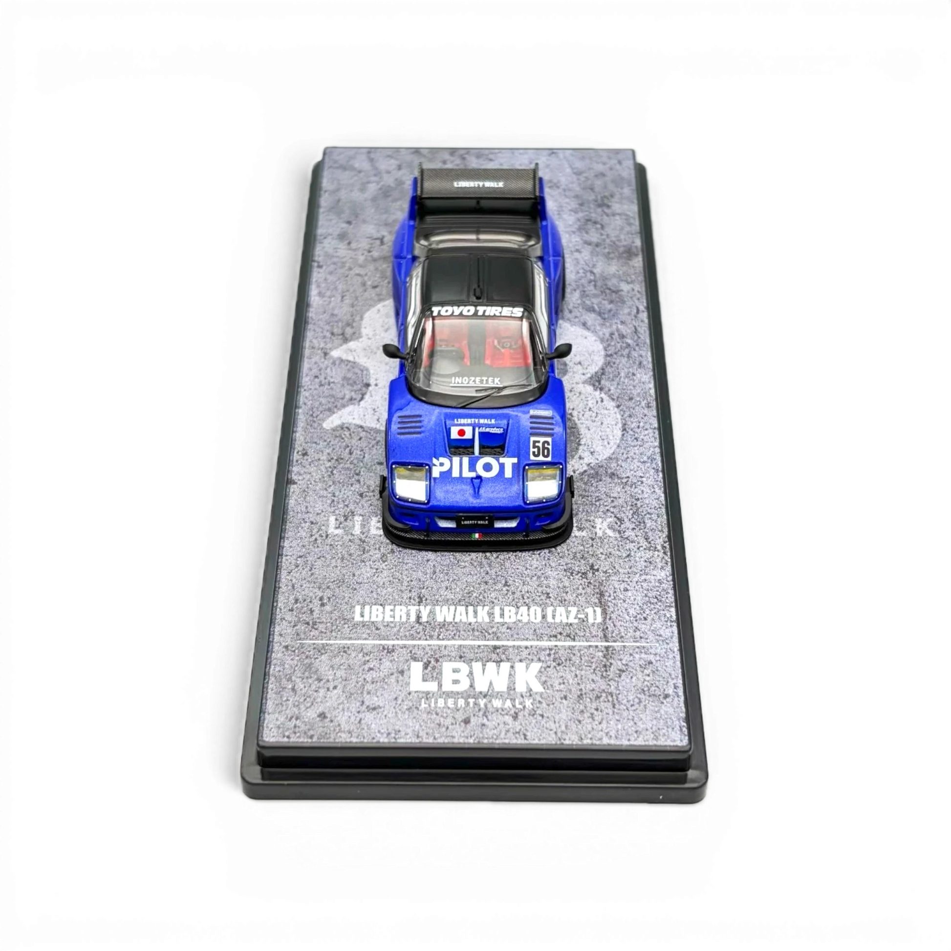 Lot57Supplies Diecast Shop INNO64 Mazda AZ-1 Liberty Walk LB40 Pilot 1:64 scale blue diecast model car on display base