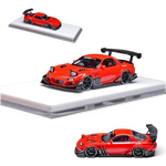 Lot57Supplies Diecast Shop red YM Model x Minicraftsman Mazda RX-7 modified 1:64 scale sealed resin model car with large rear spoiler.