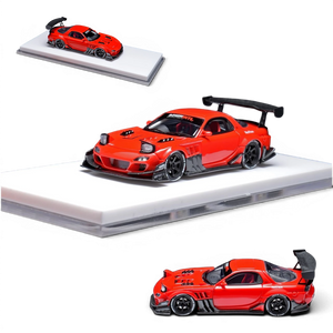 Lot57Supplies Diecast Shop red YM Model x Minicraftsman Mazda RX-7 modified 1:64 scale sealed resin model car with large rear spoiler.