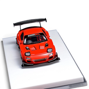 Lot57Supplies Diecast Shop red YM Model Mazda RX-7 modified 1:64 scale sealed resin model with large rear spoiler.