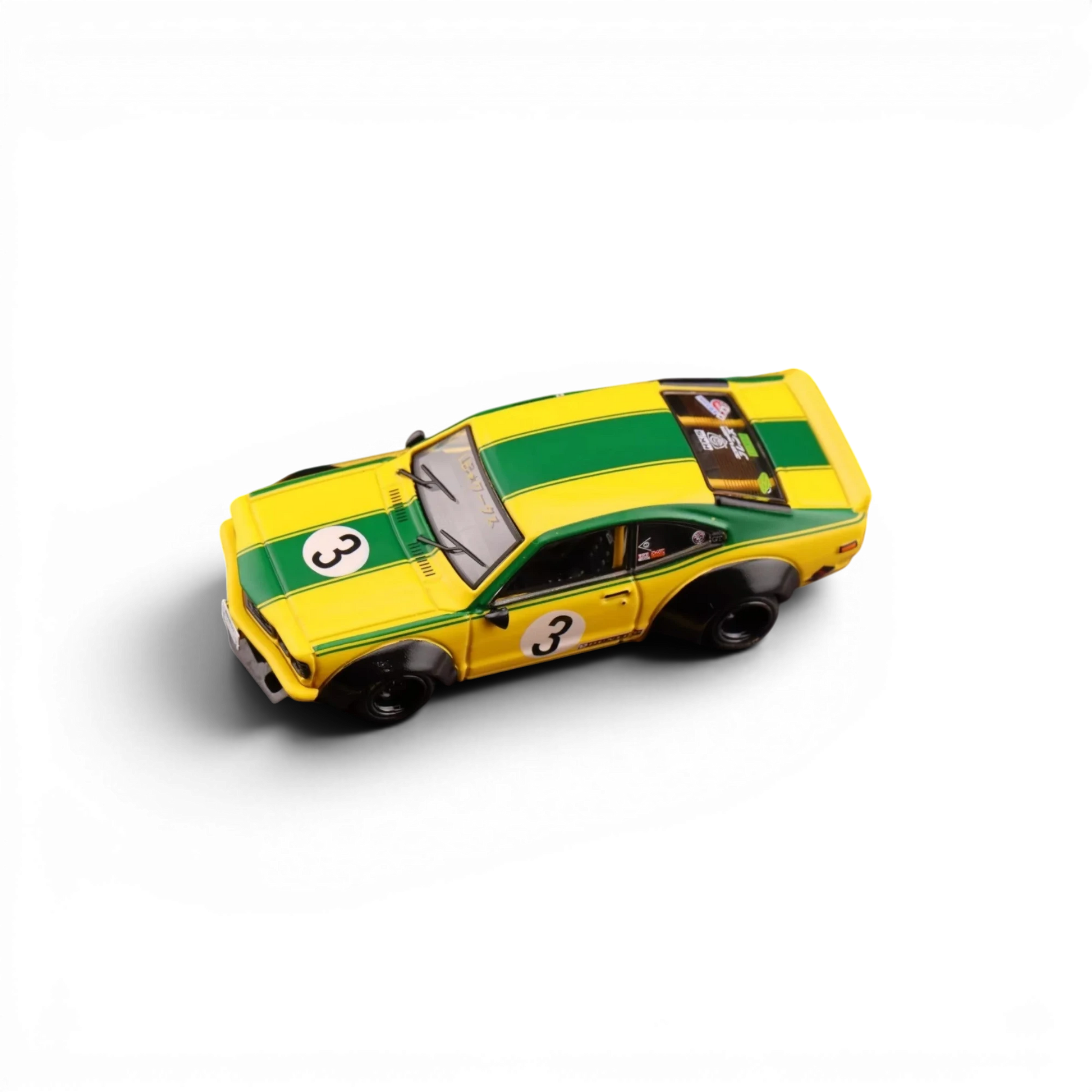 Lot57Supplies Diecast Shop Inno64 Mazda RX-3 Savanna LBWK diecast model car in yellow and green with number 3 livery