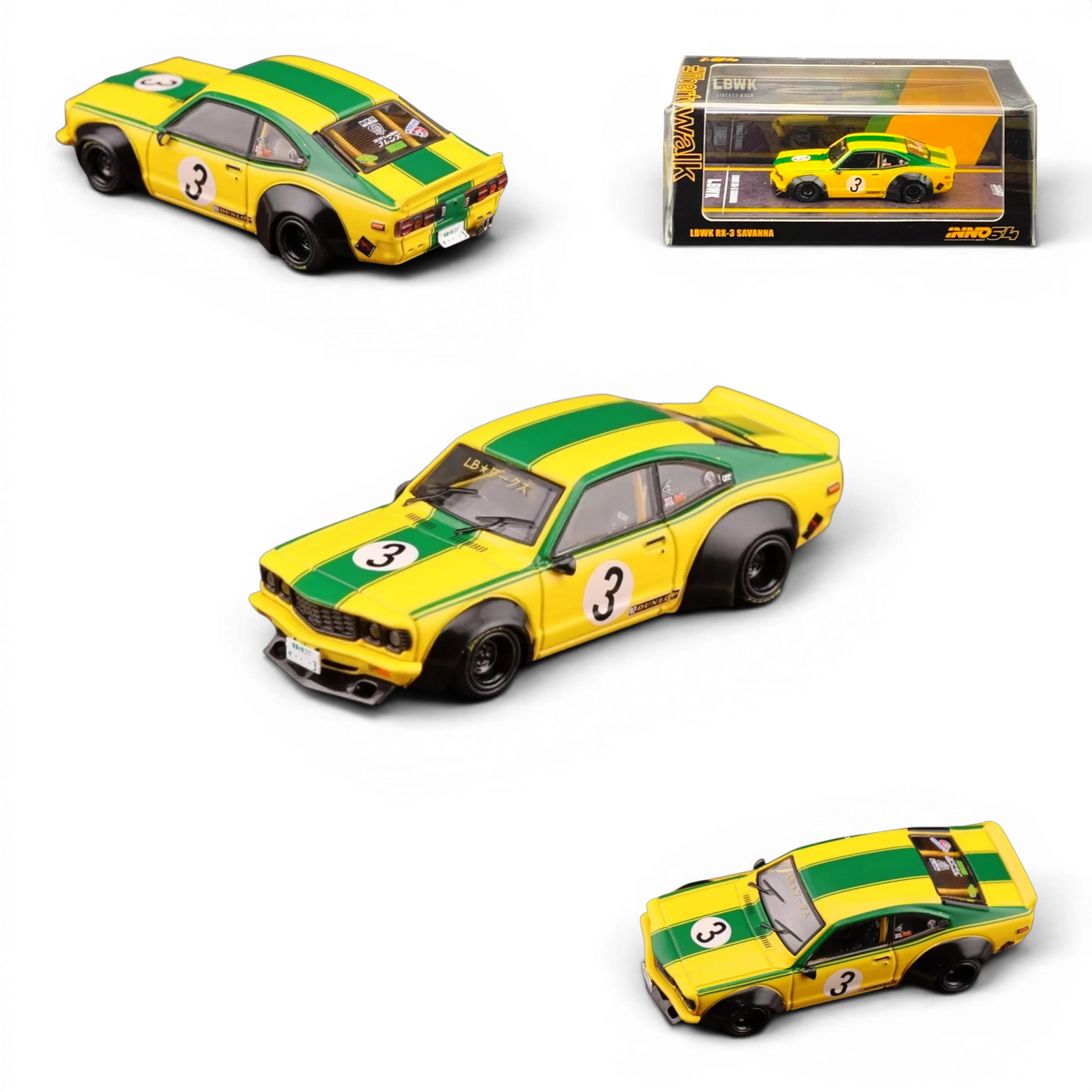 Lot57Supplies Diecast Shop Inno64 Mazda RX-3 Savanna LBWK diecast model car in yellow and green with number 3 livery