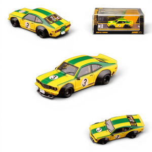 Lot57Supplies Diecast Shop Inno64 Mazda RX-3 Savanna LBWK diecast model car in yellow and green with number 3 livery