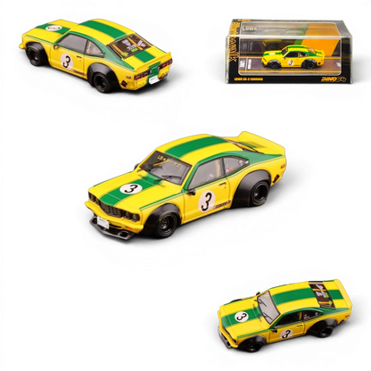 Lot57Supplies Diecast Shop Inno64 Mazda RX-3 Savanna LBWK diecast model car in yellow and green with number 3 livery