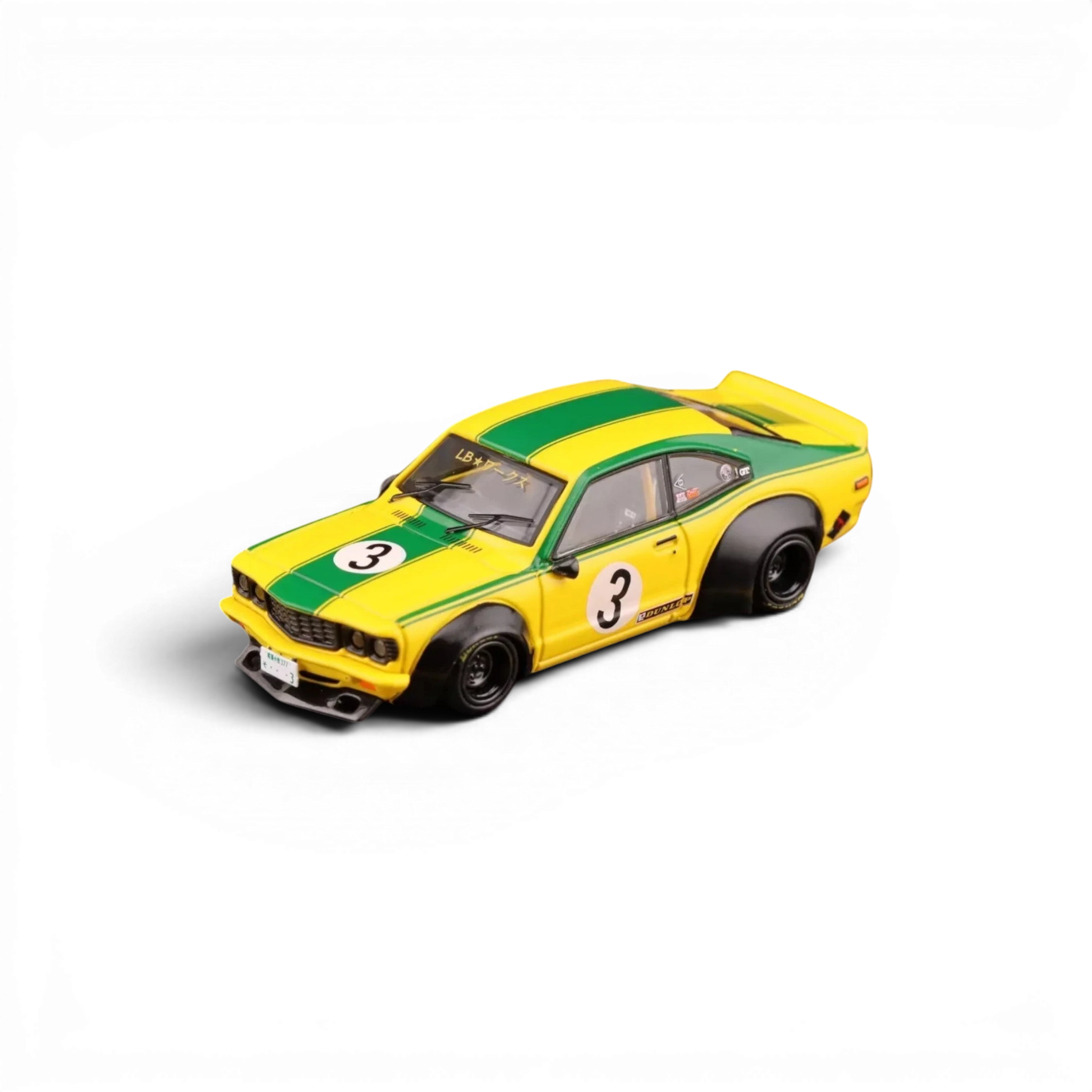Lot57Supplies Diecast Shop Inno64 Mazda RX-3 Savanna LBWK diecast model car in yellow and green with racing livery