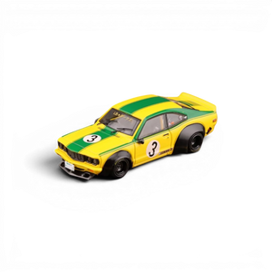 Lot57Supplies Diecast Shop Inno64 Mazda RX-3 Savanna LBWK diecast model car in yellow and green with racing livery