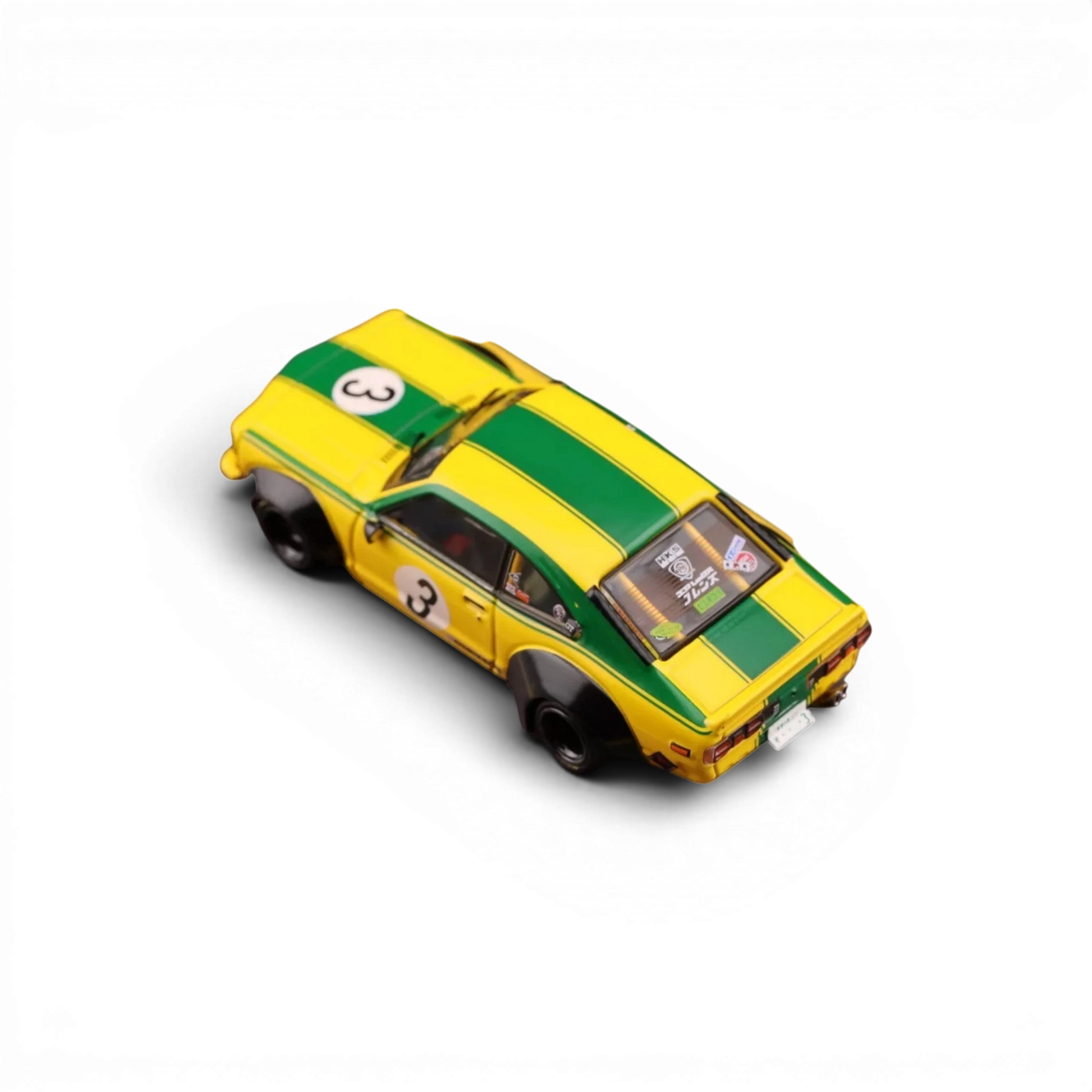 Lot57Supplies Diecast Shop Inno64 Mazda RX-3 Savanna LBWK diecast model car in yellow and green with number 3 livery