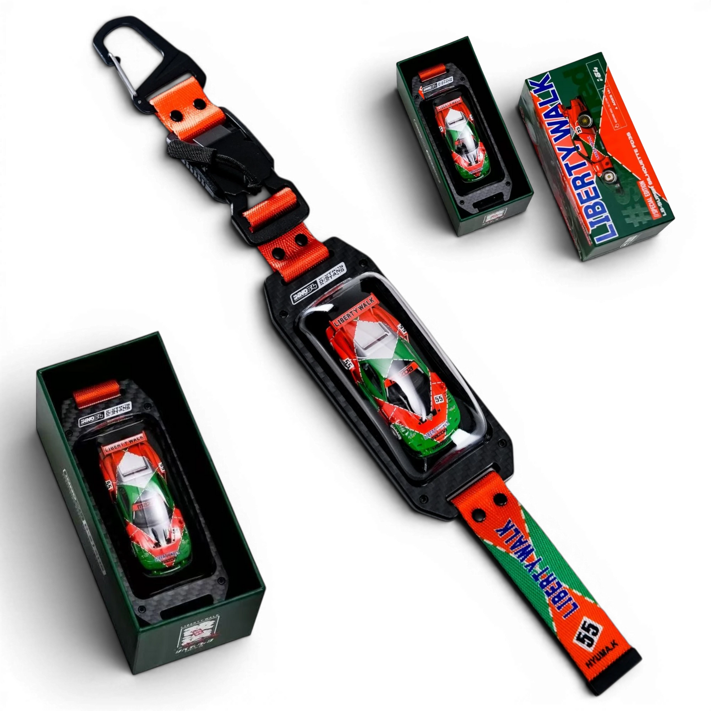 Lot57Supplies Diecast Shop INNO64 x D/STANS Liberty Walk Mazda RX-7 FD3S diecast car in a carbon-fiber keychain strap.