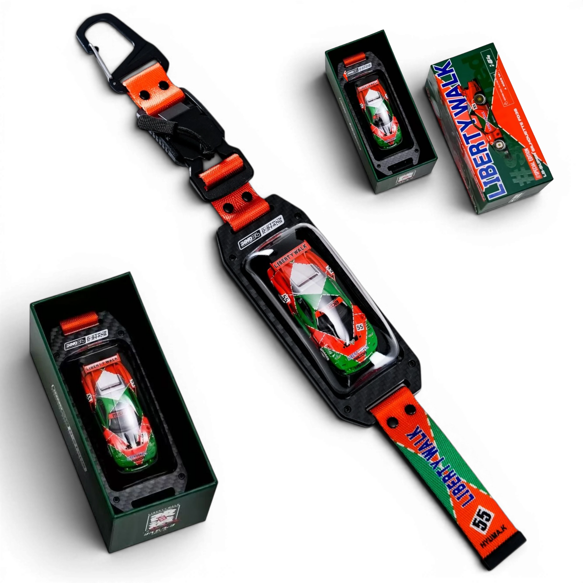 Lot57Supplies Diecast Shop INNO64 x D/STANS Liberty Walk Mazda RX-7 FD3S diecast car in a carbon-fiber keychain strap.