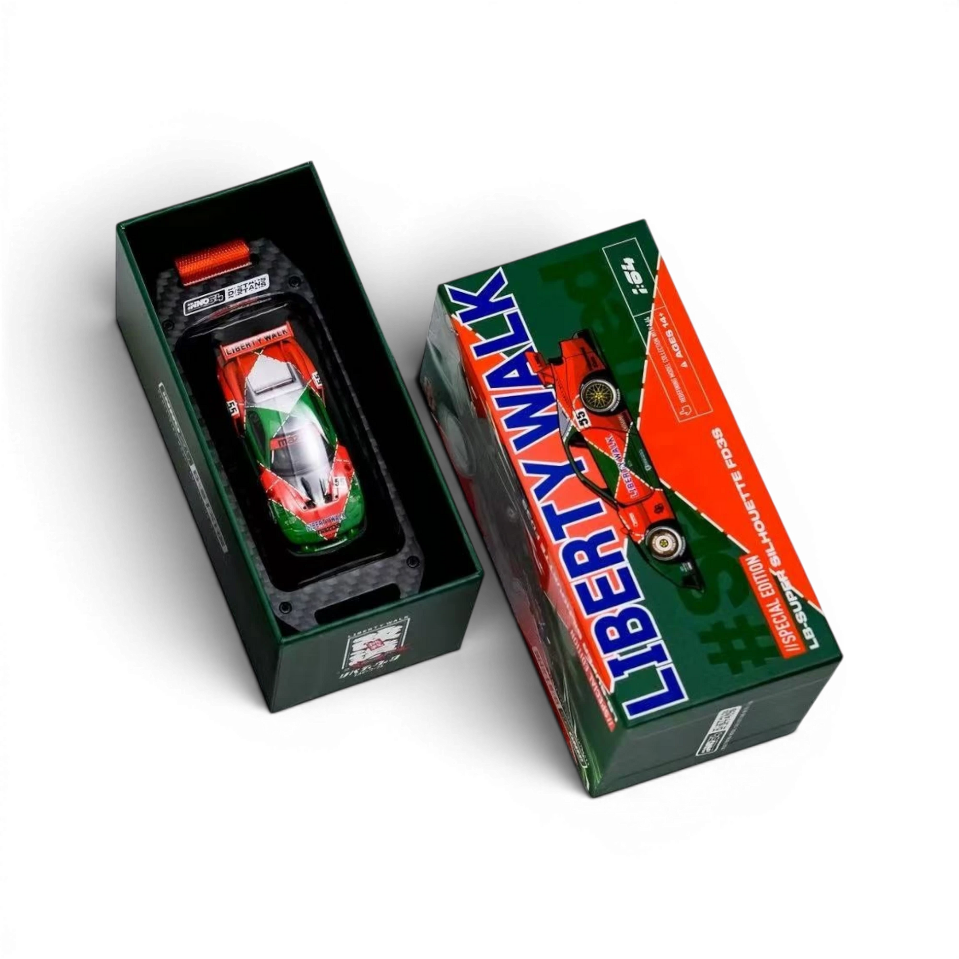 Lot57Supplies Diecast Shop INNO64 Liberty Walk Mazda RX-7 FD3S diecast car in a carbon-fiber keychain strap display box.