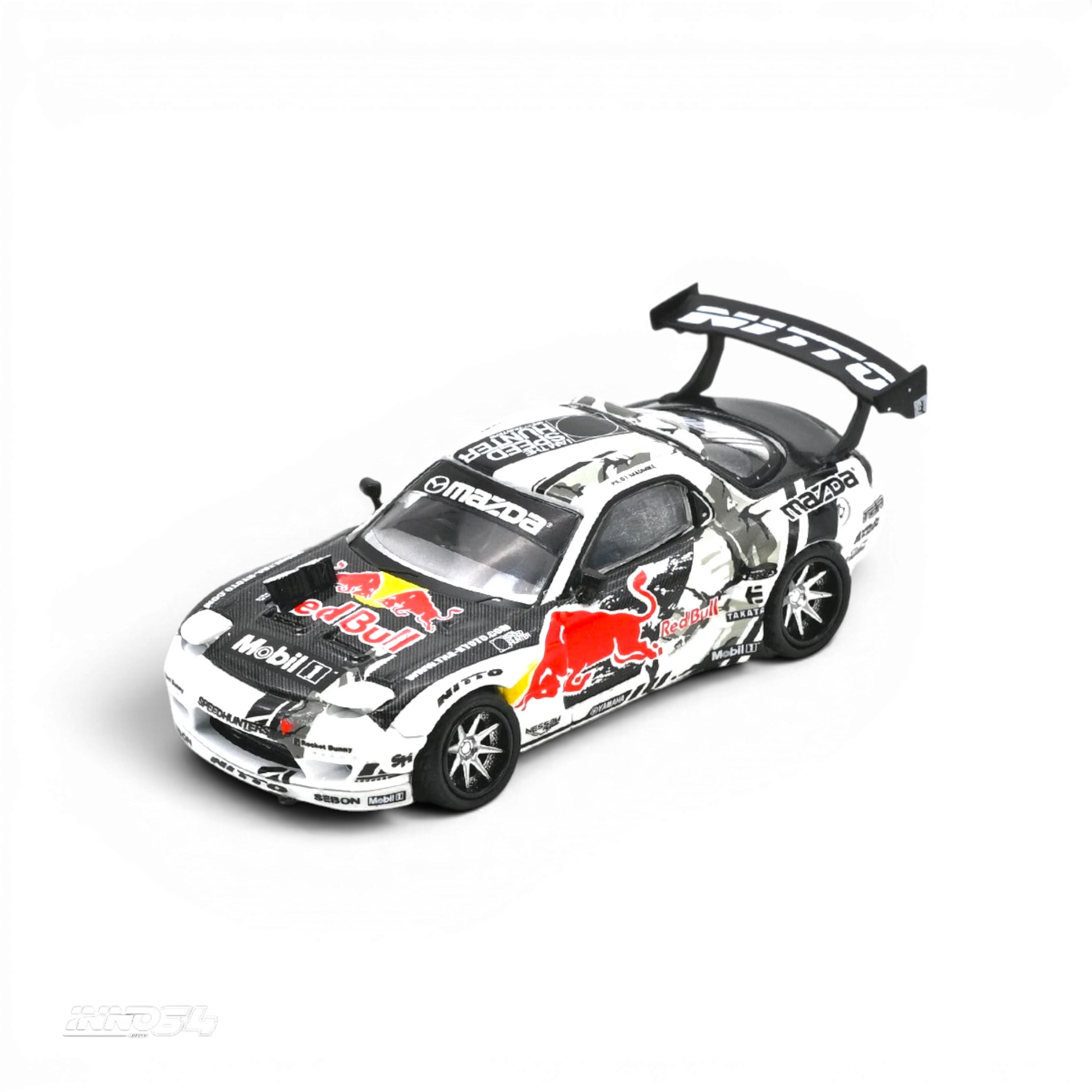 Lot57Supplies Diecast Shop 1:64 scale Inno64 Mazda RX-7 Mad Mike MADBUL Gen6 diecast drift car with Red Bull livery